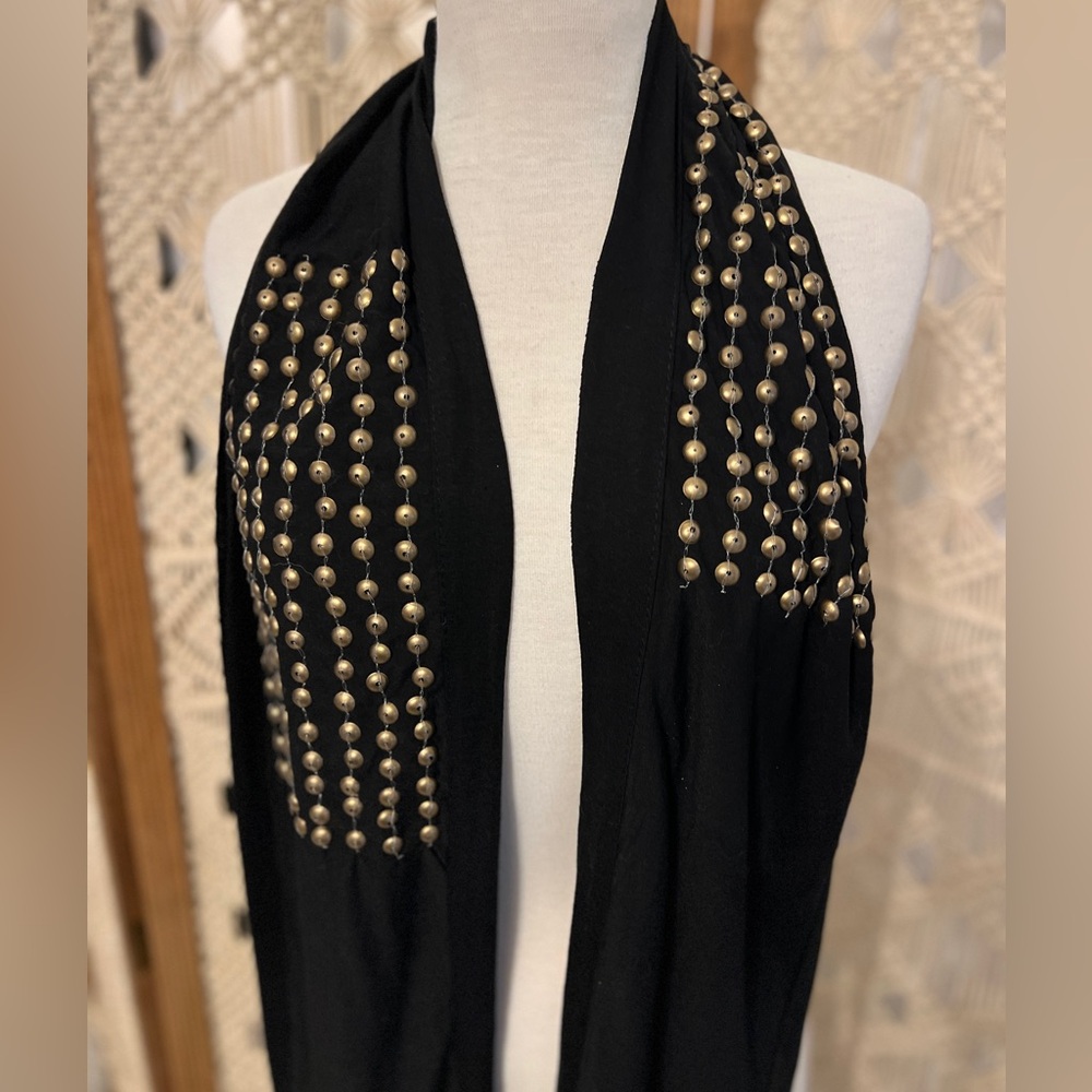 Studio C Black Scarf with Gold Stud and Chain Fringe
